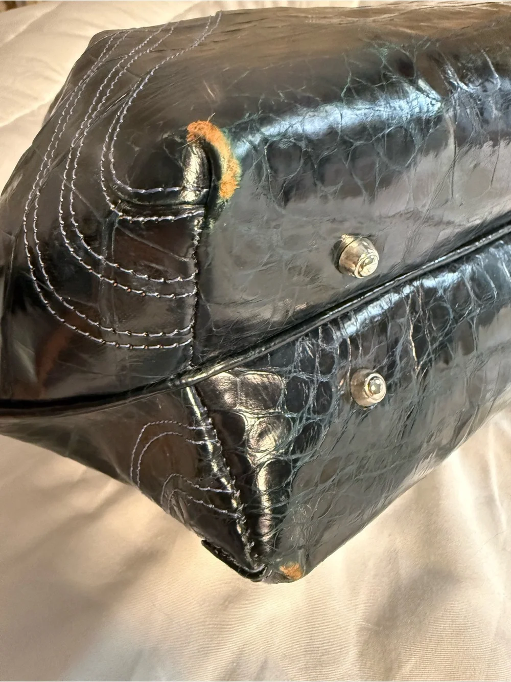 Velia Ubago Midnight Blue Crocodile Leather Bamboo Buckle Handbag
